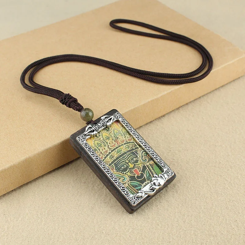 Retro Nepal Tibet Thangka Handmade Ebony Necklace Big Day Tathagata Yellow Caishen National Style Pendants Hanging Gift