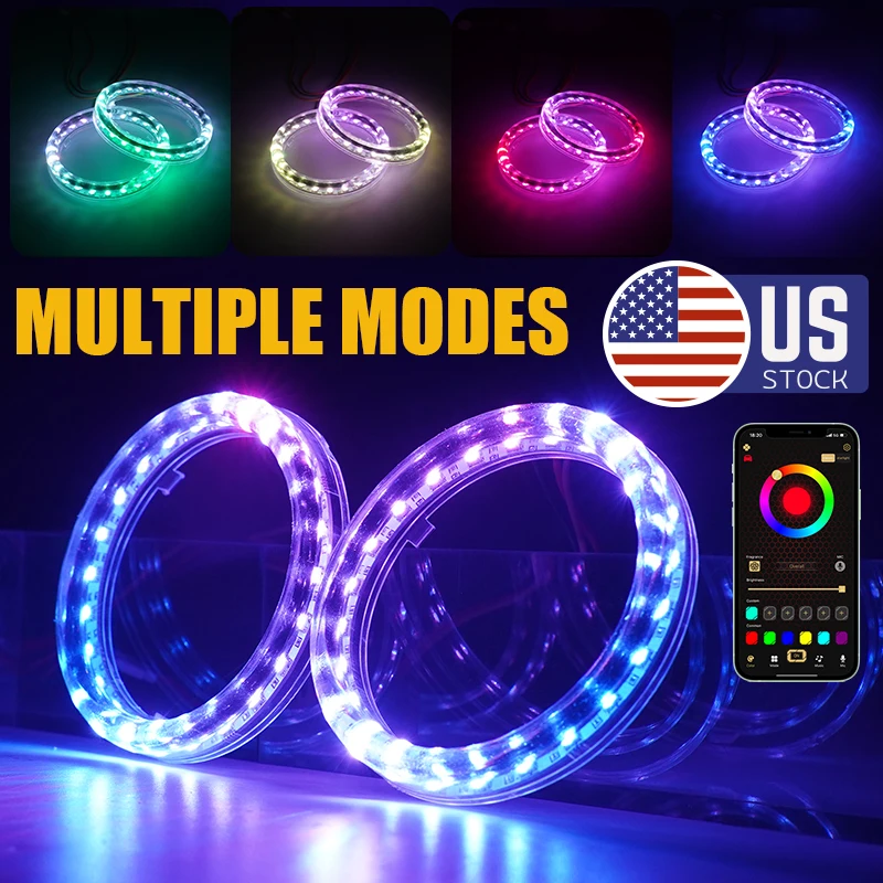 RGB DRL Angel Eyes LED Halo Ring Colorful Streamer Bluetooth APP Control 80mm 95mm 5050 Car Auto Day Running Light 1Pair