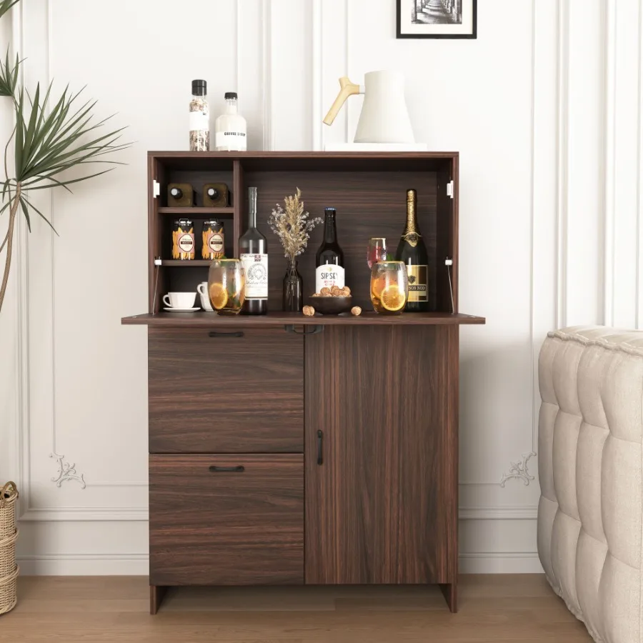 

Bar Cabinet with Storage Drawer Shelves Foldup Desktop Ideal for Home Dormitory Small Spaces