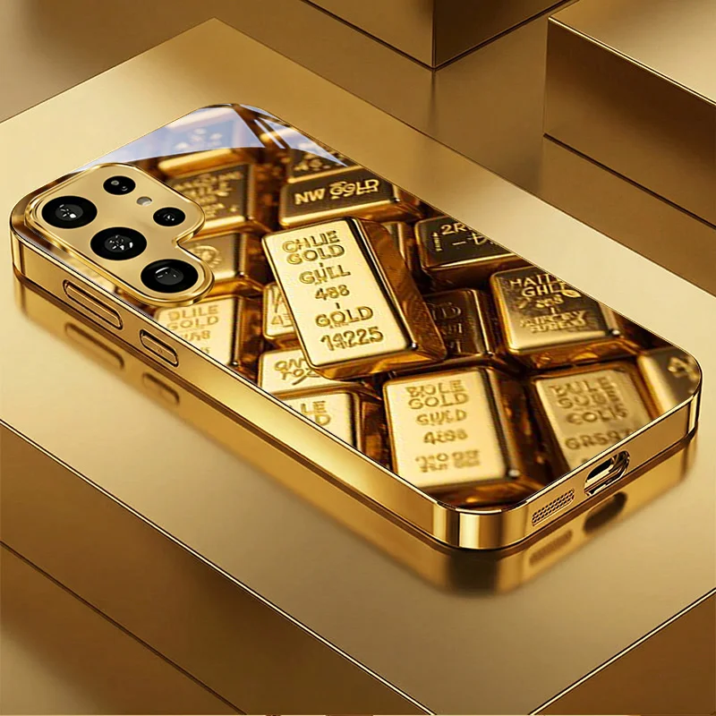 Luxury Gold Bar Pattern Printed Electroplated Glass Phone Case for Samsung Galaxy S26 S25 S24 S23 S22 S21 Ultra FE Cover Fundas