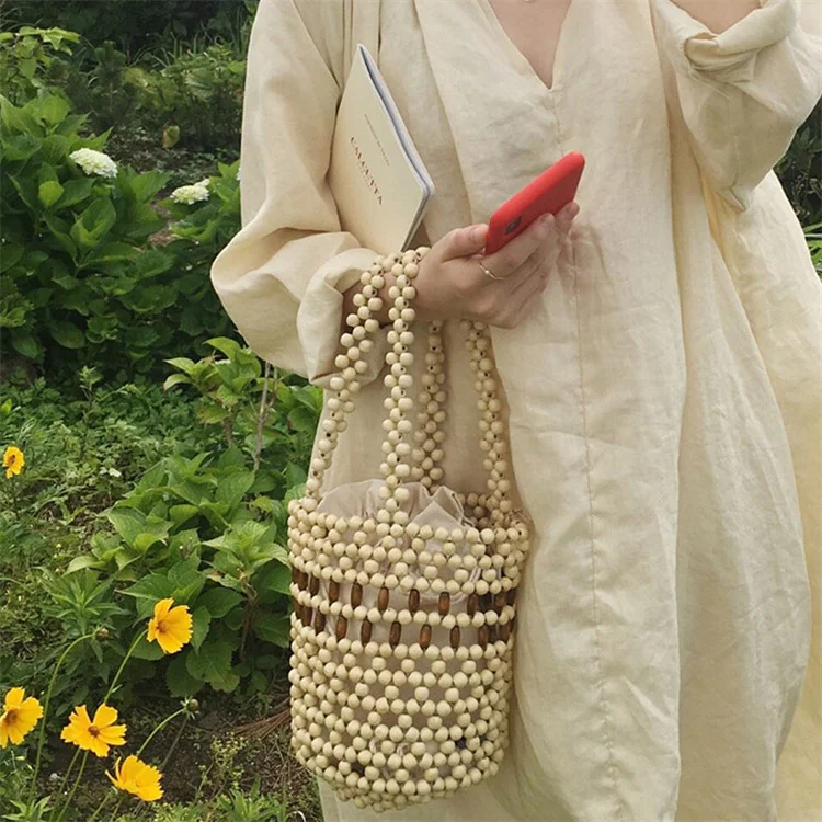 New Hand-beaded Handbag Rice Beaded Wooden Bucket Bag Retro Woven Bag Concave Shape Bag Hand Made