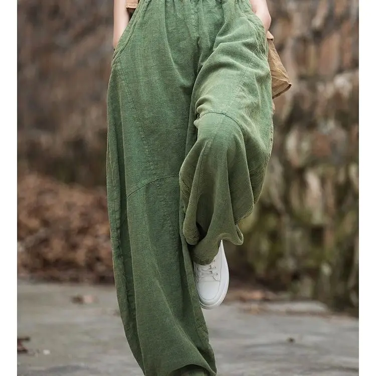 Pantaloni lunghi da donna di fascia alta in lino di cotone primaverile estivo con sabbia fritta vecchie pantaloni larghi da meditazione Tai Chi