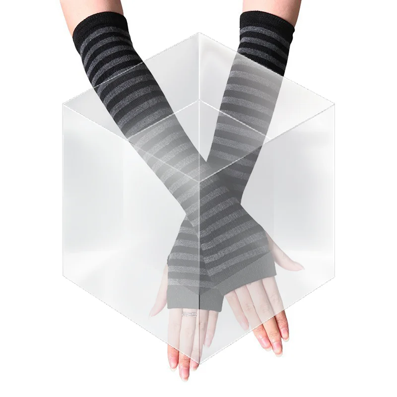 Winter Warm Long Sleeves Gloves For Man Women Fingerless Stripe Knitted Elbow Mittens Elastic Outdoor Fashion Warm Wrist Glove
