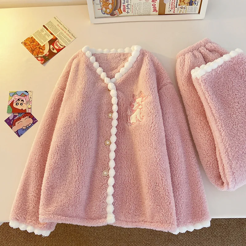 Disney Mary cat pink autumn and winter small fragrant cardigan pajamas women's thickened velvet sweet flannel home set