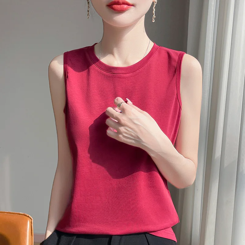 

Spring And Summer 100% Cotton Round Neck Sleeveless T-shirt Women's Solid Color Sling Bottoming Shirt Vest