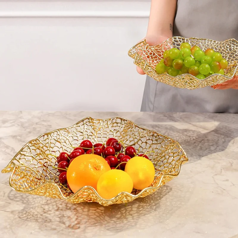 Electroplating Alloy Coral Plate, Hollow Fruit Plate, Desktop Tray, Snack Tray, Fruit Bowl, Decorative