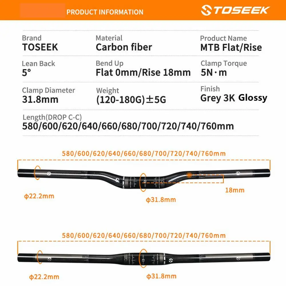 TOSEEK-3K Carbon Mountain Bike Handlebars Sets, Rise or Flat Handlebar, Stem Seatpost, Cycling Parts, MTB Bicycle Parts