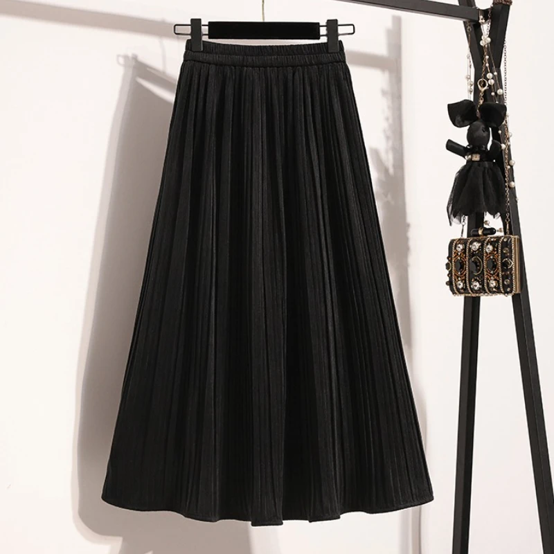 2025 falda acampanada de longitud media de cintura alta para mujer, falda lisa de talla grande, versión coreana, nueva Falda plisada con cintura elástica para Otoño e Invierno