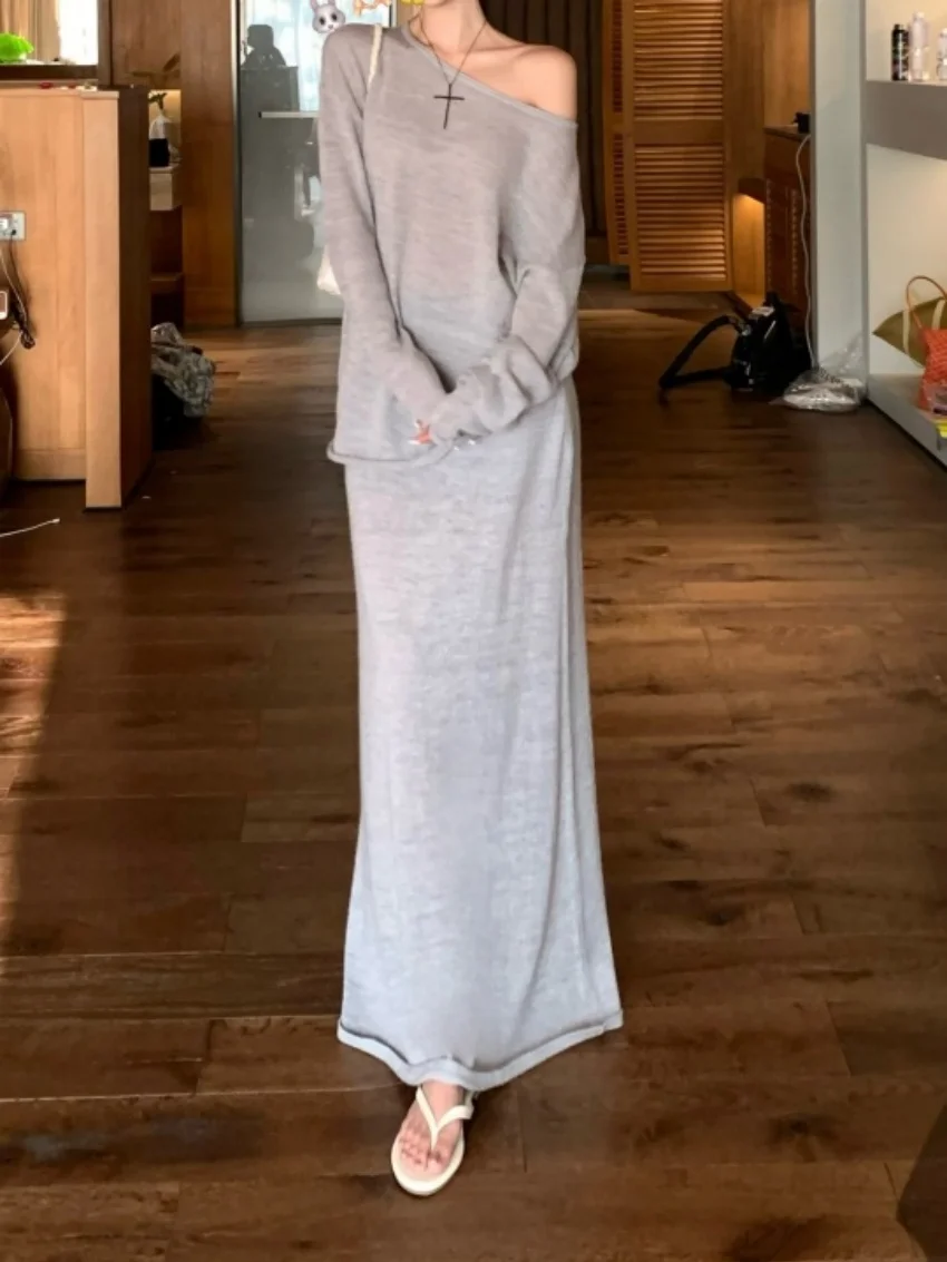 Alien Kitty 캐주얼 게으른 스타일 투피스 정장 여성 느슨한 부드러운 OL 봄 2025 니트 오프 숄더 스웨터 맥시 스커트