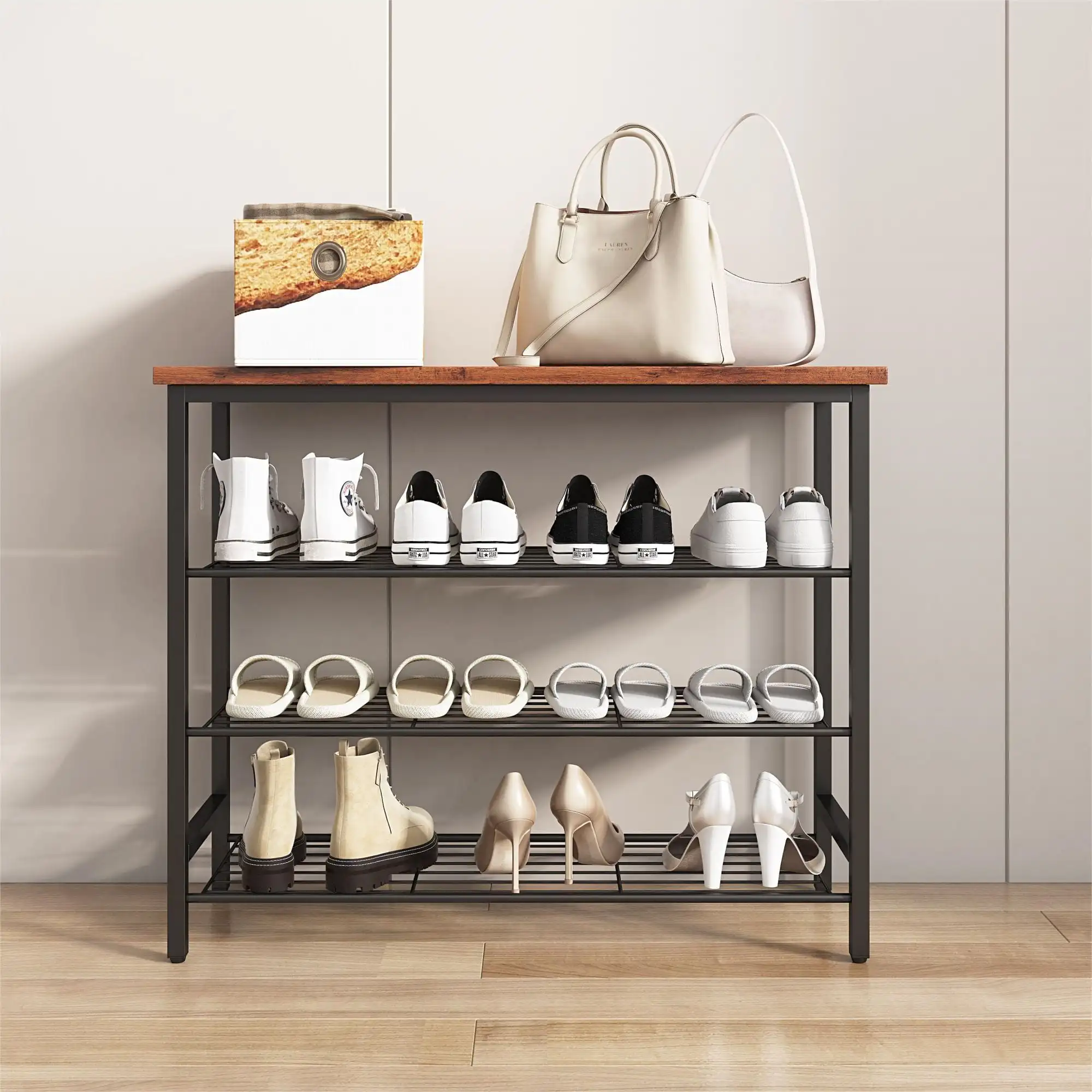 

Industrial Metal 4-Tier Shoe Rack, Shoe Storage Shelf Hold Around 12-Pair Shoes, Brown