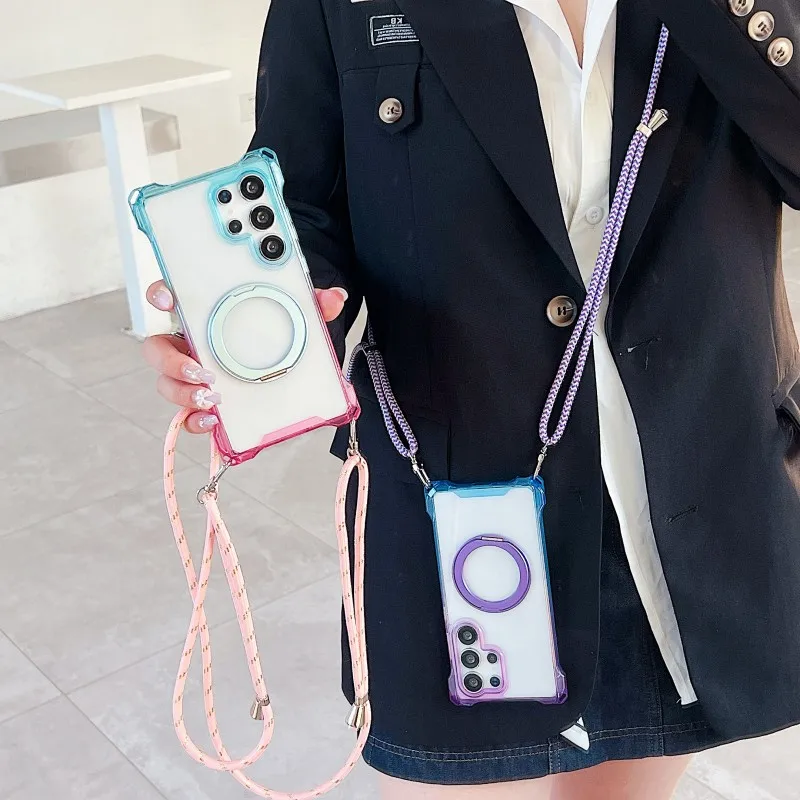 

Чехол с градиентом для Samsung Galaxy S25 Ultra S23 S22 S24 Plus 360, кольцевой держатель, магнитный ремешок с четырьмя углами, противоударный ремешок, чехол