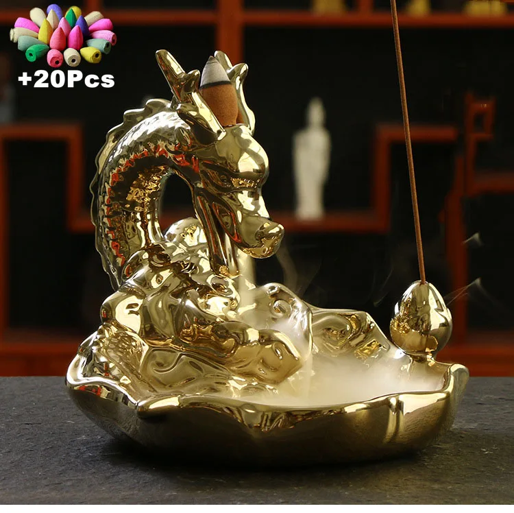 With Incense Cones Gold Dragon Stick Holder Backflow Ceramic Censer Ashtray Chinese Gift