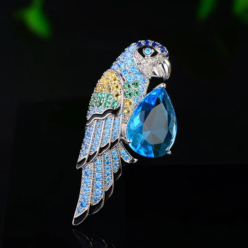 

New Retro Personality Parrot Brooches Women Light Luxury Blue Cubic Zirconia Corsage Pin Temperament Suit Jacket Accessories