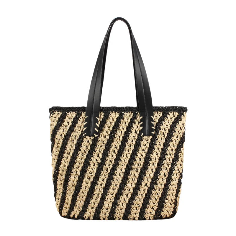 Große Kapazität, schwarze Streifen, gewebte Tragetaschen für Damen, vielseitige Umhängetasche, modische Einkaufstasche, einfache urbane Pendlertasche 2025,