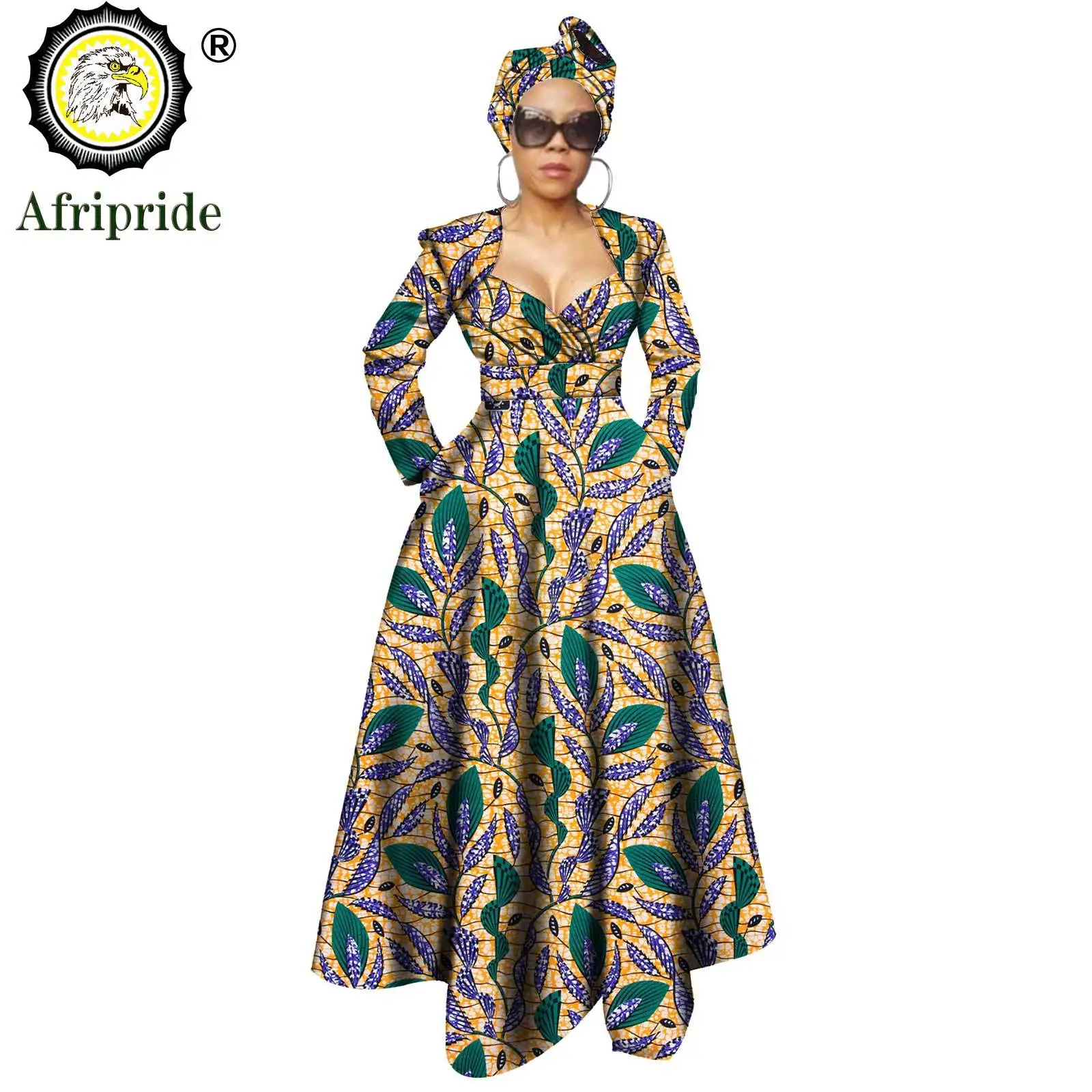 African Dresses for Women Ankara Print Dress + Headwarp V Neck Long Maxi Party Dress Dashiki Outfits Wax AFRIPRIDE S1925106