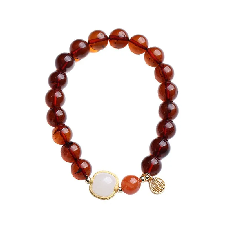 Natural Blood Amber Bracelet with South Red Agate and Hetian Jade Beads for Women Lucky Prayer Buddhist Jewelry Gifts
