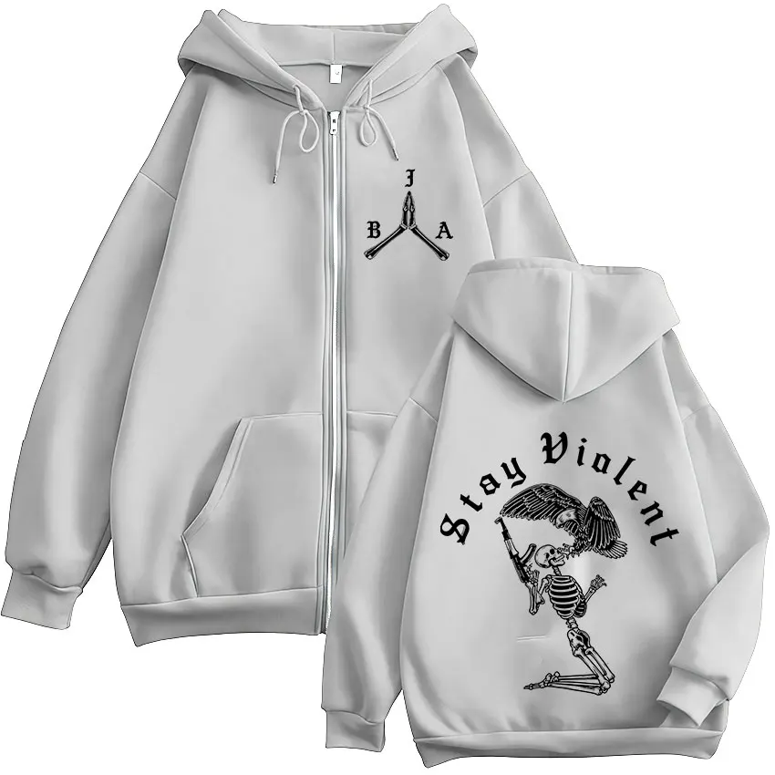 Stay Violent Brothers in Arms Skelett-bedruckte Kapuzenpullover mit Reißverschluss für Herren und Damen, Kapuzenpullover mit Reißverschluss, Vintage-Pullover, Jacken, Mäntel – Detail 7