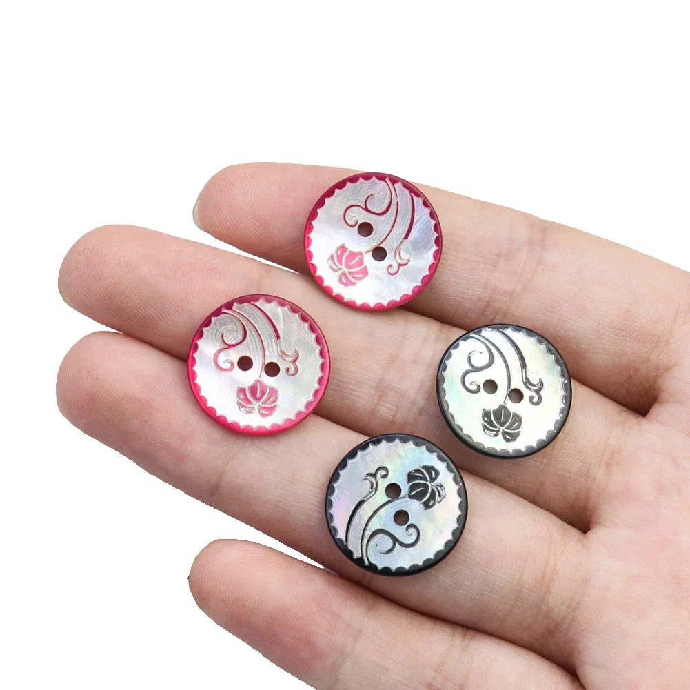 10pcs Natural Shell Flower Carved Round Buttons Double Holes Red Blue Fastener Mother of Pearl Coat Press Stud Clothing Decor