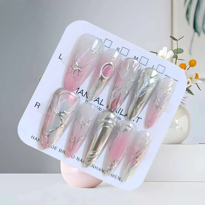 10Pcs French Style Pink Silver Gradient Long Almond Gilding 3D Gradual Change Powder Blusher Simple Press on Nails Nail Patch
