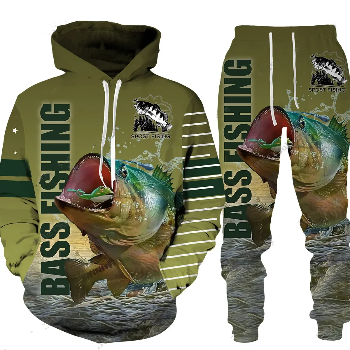 Sudadera con capucha y pantalones para hombre, conjunto de chándal de manga larga con estampado de camuflaje 3D para pesca de carpa y caza, ropa