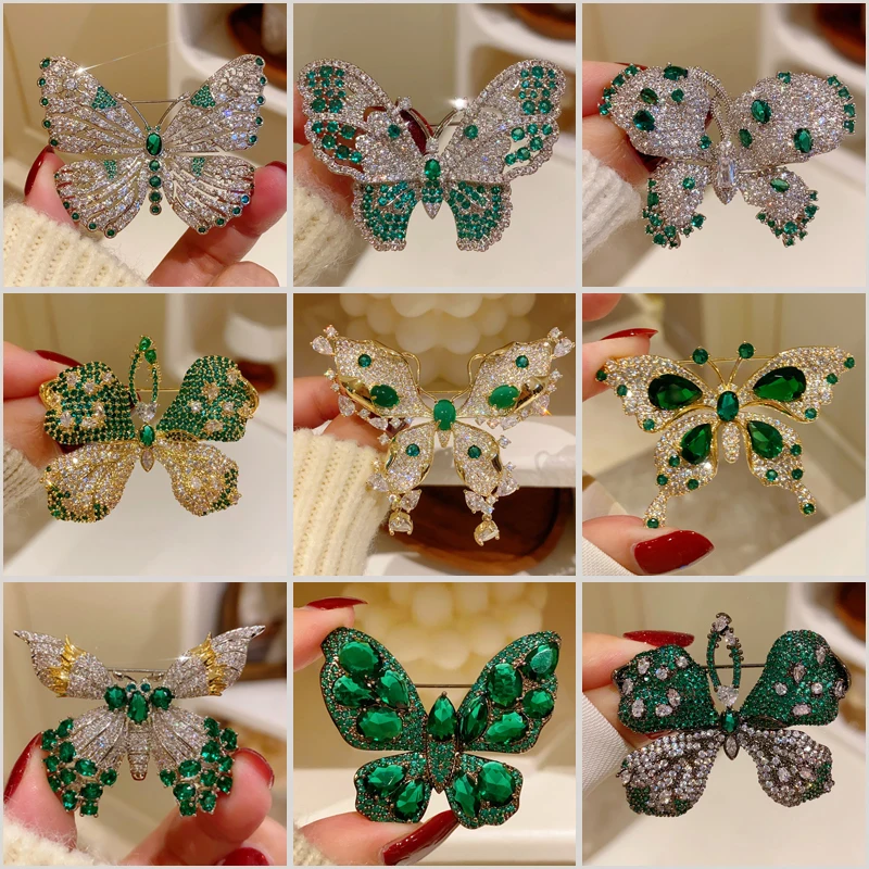 Winter New Beautiful French Retro Zirconia Emerald Butterfly Brooches for Women Luxury Elegant Design Overcoat Accessories Pin