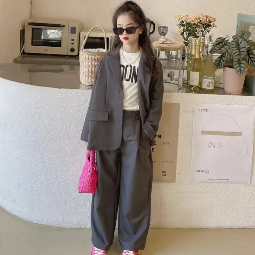 

Korea Style Blazer + Pants 2cps Sets Gray Oversize Coats Trouser Suits Teenage Clothes Children Spring Autumn New Sets Wz841