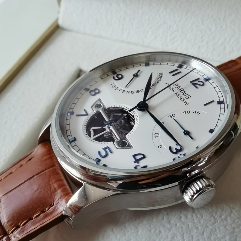 Fashion 43mm Parnis Skeleton Automatic Mechanical Men Watch Leather Strap Men Power Reserve Tourbillon Watches Relogio Masculino
