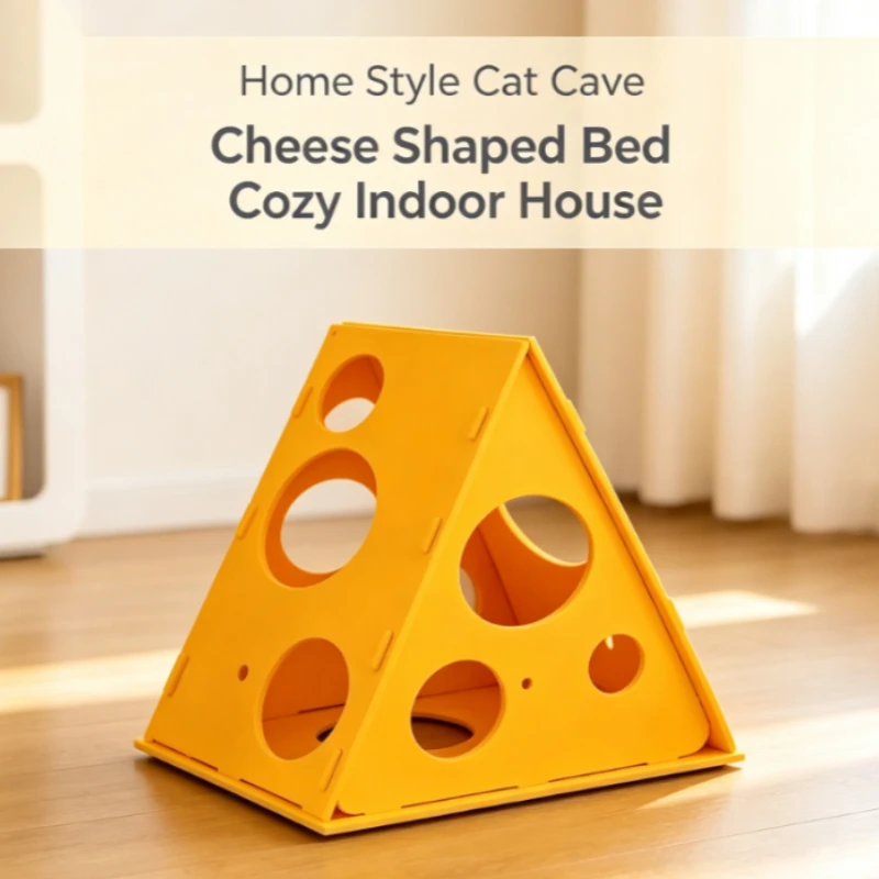 Cheese-Shaped Felt Cat Cave with Scratching Posts, Multi-Hole Interactive Play Tunnel for Cats & Kittens Soft&Durable Pet House