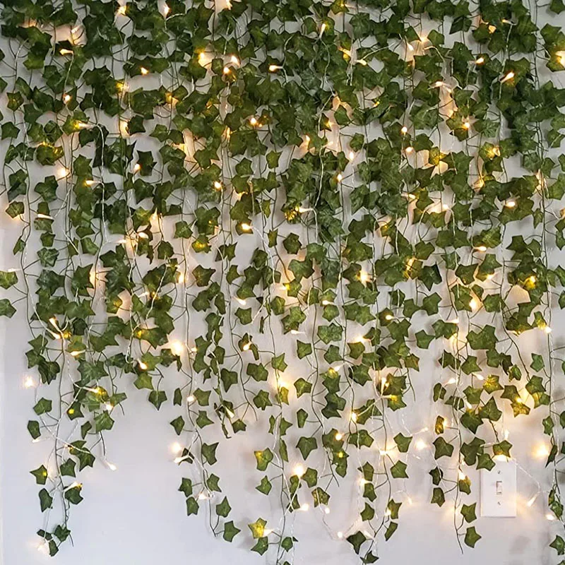 2.3m Artificial Creeper Green Leaf Ivy Vine with 2m LED String Lights Set DIY Wedding Party Decorative LED Light Leaves Garlands