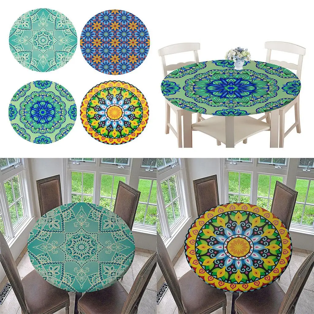 Round Tablecloth - Waterproof indoor Round Fitted Table Cloth, Flannel Backed Edge, Fits 47 Inch Round Table