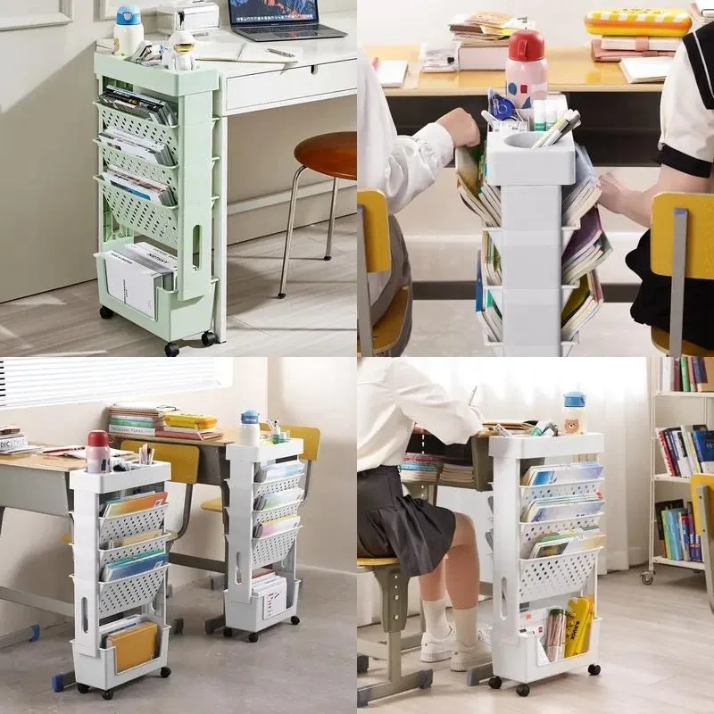Movable Bookshelf with Wheels Next to Desk Textbook Storage Large Capacity Multi Layer Shelf for Study