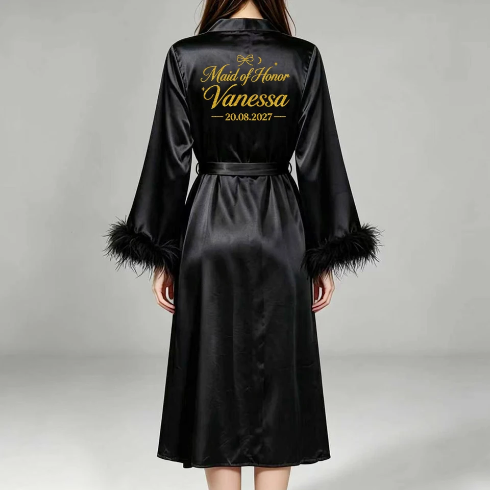 Custom Name Bride Robe Satin Feather Bridesmaid Robes Personalized Wedding Morning Gown Bachelorette Party Bathrobe view 4