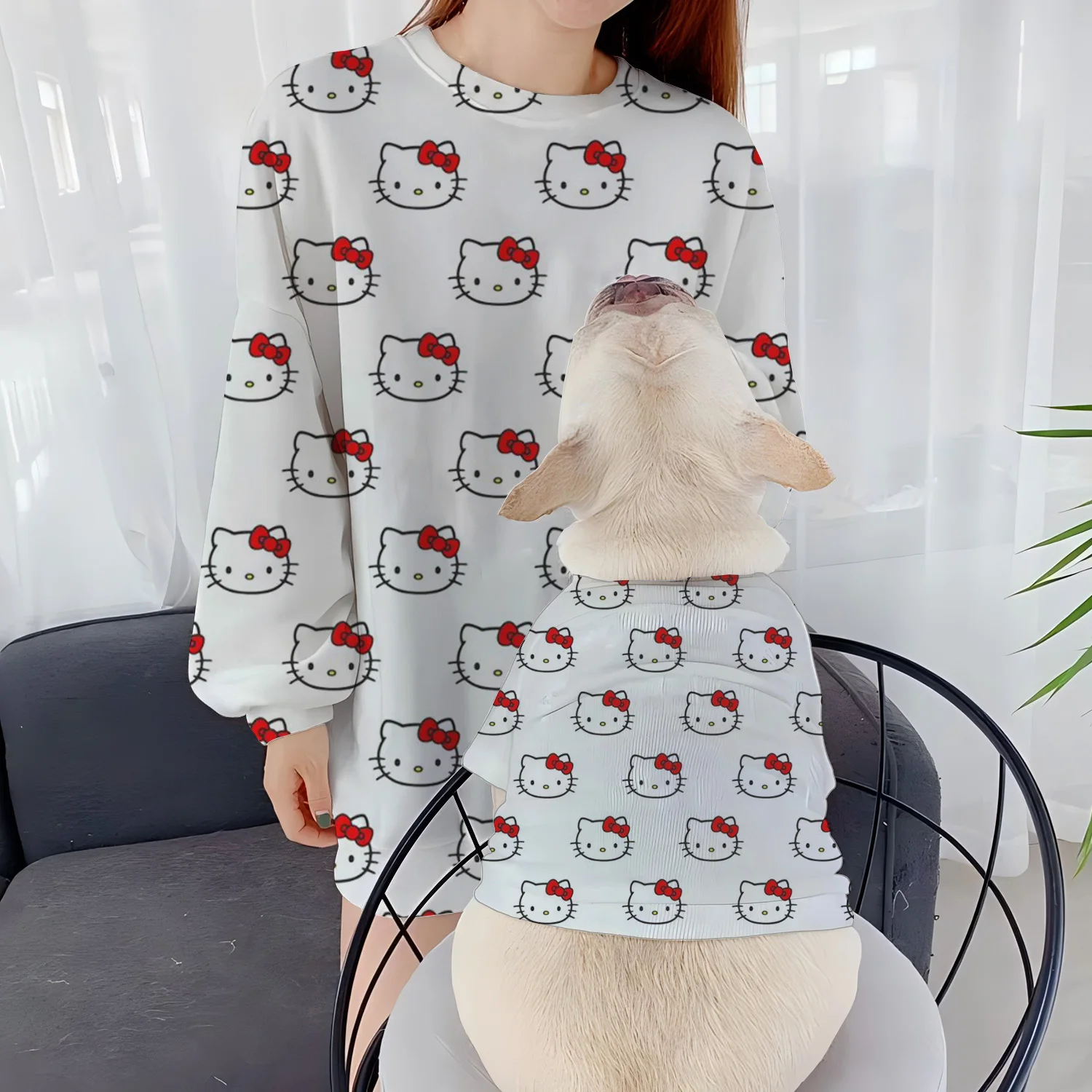 Casual Sweatshirts Hello Kitty Women's Clothing Pet Dog Pullover Parent-Child Clothes Round Neck Autumn Winter Puppy Long Sleeve