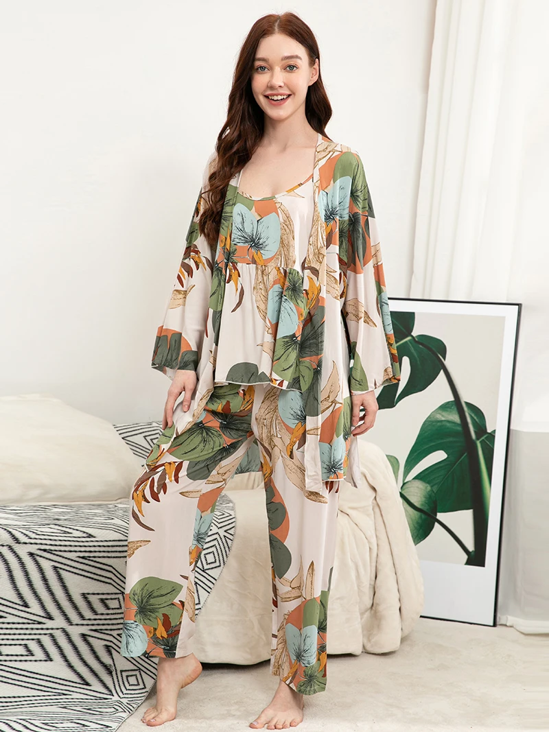 Plus Size S-XXXL 100% Viscose Ladies Spring Autumn Pajamas Set Comfortable Soft Home Suit Robes with Pants Pyjamas Sleepwear