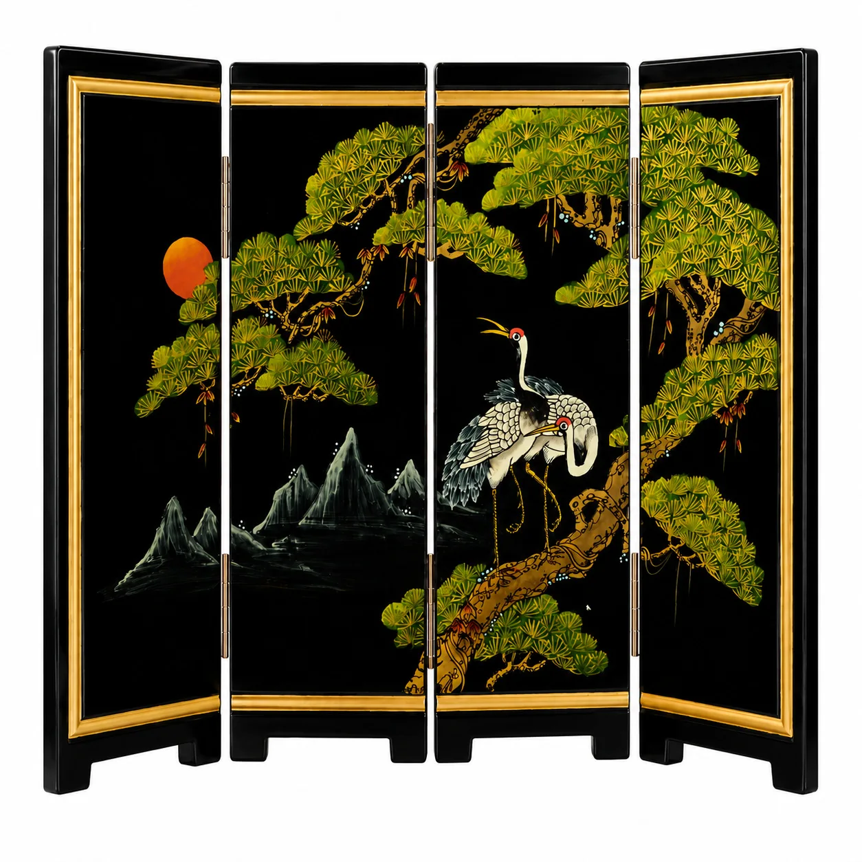 CX Chinese hand-painted retro lacquer painting screen black background flower and bird folding screen living room partition