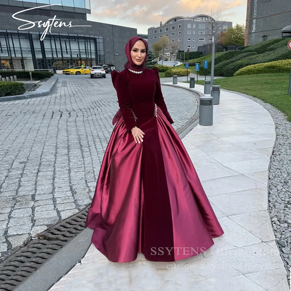 

SSYTENS Burgundy Prom Dresses for Women Beads Modest Dubai Long Party Evening Gown Velvet Saudi Arabia Formal Occasion Dresses