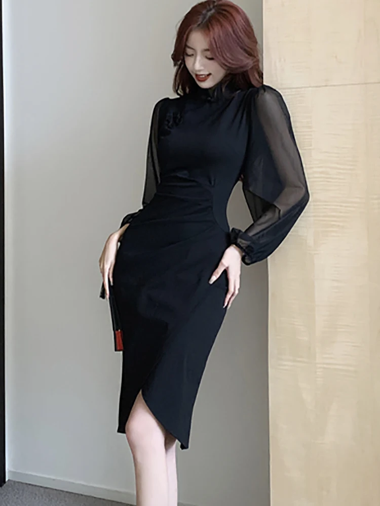 2024 Black Patchwork Mesh Long Sleeve Midi Dress Autumn Winter Pleated Bodycon Prom Clothes Women Korean Vintage Luxury Vestidos