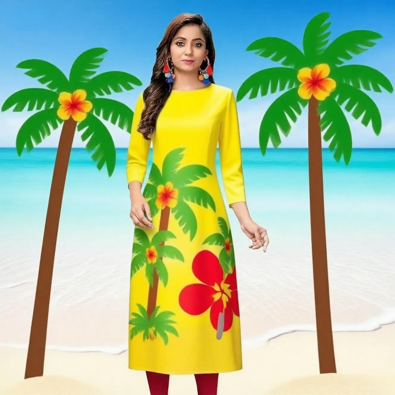 Kurt women's fashionable and comfortable dress with long sleeves, straight tube,  and a variety of vacation styles