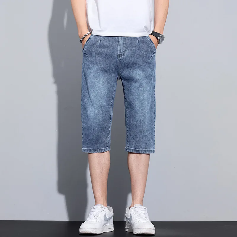 

Denim Shorts New Men's Loose Straight Summer Thin Trendy Elastic Seven-point Casual Half-cut Pants Comfortable Wear-resisting
