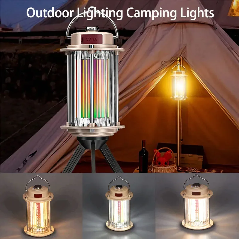 LED Retro Tripod Camping Lights USB Rechargeable Hanging Tent Lamp Dimmable Outdoor Waterproof Portable Emergency Light Lantern