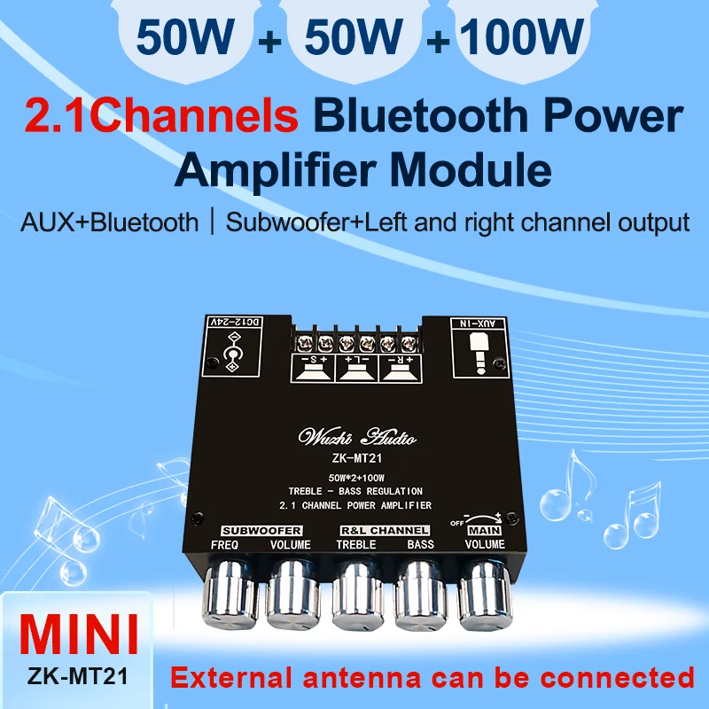 2.1 Channel Bluetooth 5.0 Audio Subwoofer Amplifier Board 50W*2 + 100W  Bass AMP Speaker Stereo Amplifier Module TB21 MT21