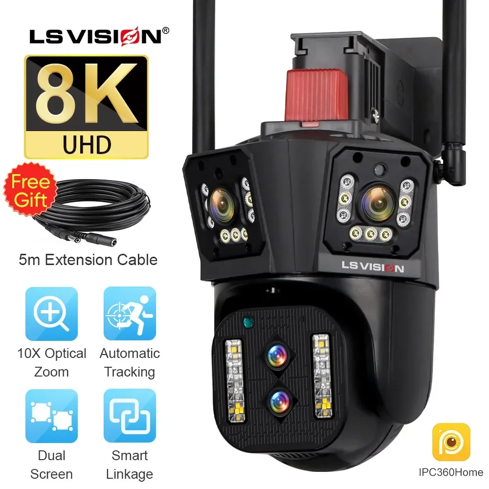 LS VISION-cámara IP 8K UHD para exteriores, videocámara de seguridad impermeable con Zoom óptico 10X, seguimiento automático, 6K, PTZ, cuatro