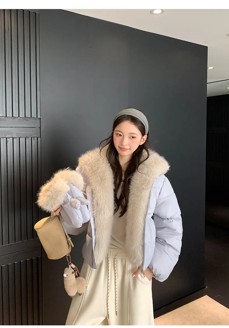 Korean Women's Short Puffer Jacket with Large Fur Collar Women Loose Thick Padded Cotton Coats Female Solid Casual Zipper Parkas
