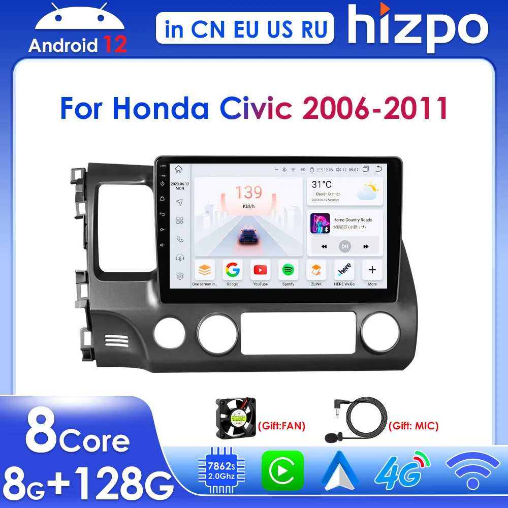 

Hizpo Wireless Carplay Android Auto for Honda Civic 2006 - 2011 Radio Stereo GPS Navigation BT SWC RDS DSP Car Multimedia Player