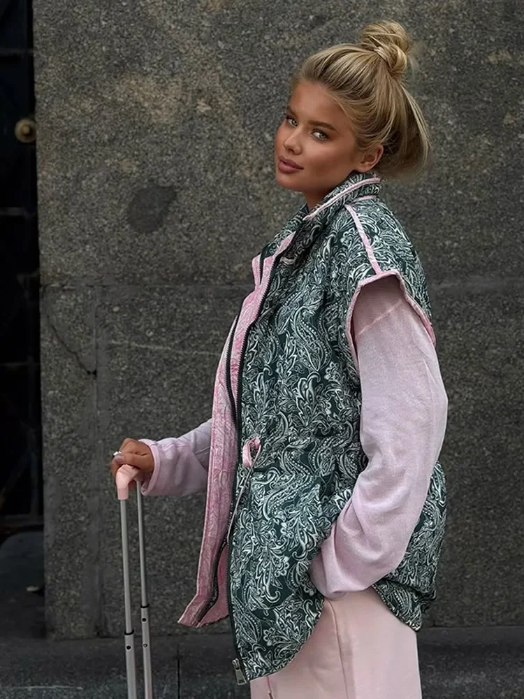 

Detachable Cuffs Casual Print Cotton Jacket Women Chic Lace Up Waist Zipper Loose Coat Lady New Daily Commuting Street Outerwear