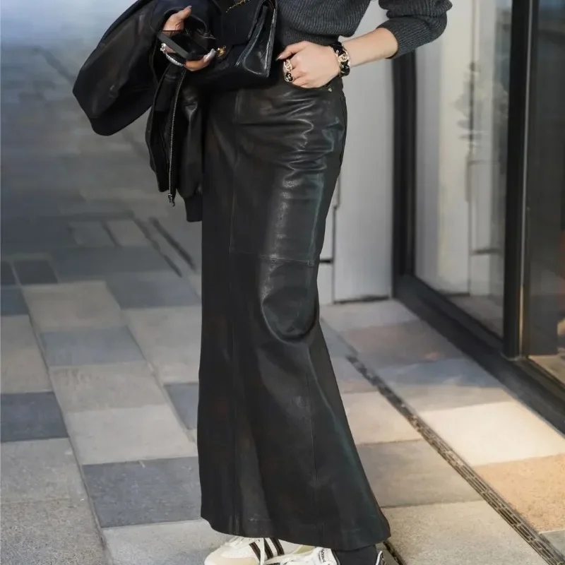 2025 New Fashionable Leather Cowhide Skirt Super Long Mermaid Real Sheep Leather Skirt  Slight Strech