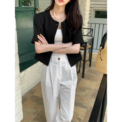 Women's Summer Elegant Pockets O Neck Short Sleeve Tweed Jacket Lady Korean Style Single Breasted Short Tweed Outwear Top