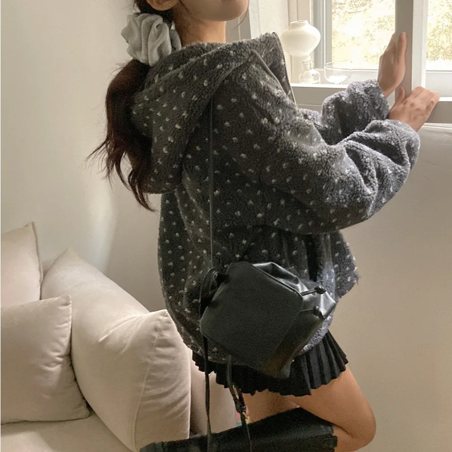 Damska kurtka z kapturem z futra jagnięcego, ocieplana bawełną, jesienno-zimowa, koreańska, ciepła, urocza, przeciwstarzeniowa, długa, codzienna bluza/top.