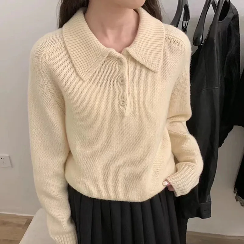 

Spring and Autumn Winter Commuting Korean Version Simple Collar Doll Collar Knitted Hoodie Sweater for Women