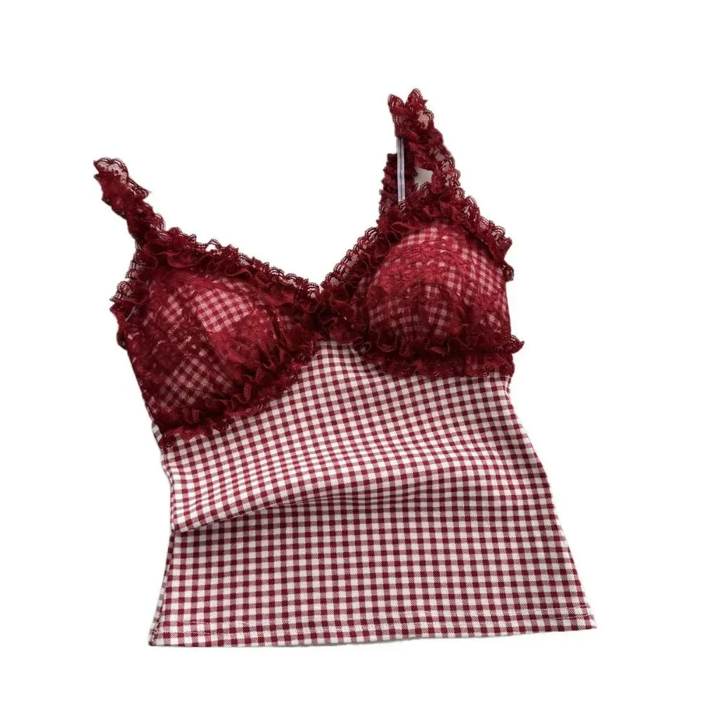 スパイシーガールスタイル ノースリーブ クロップトップ Vネック メッシュ ドット柄 レディース サスペンダートップ スリムフィット スイートレース キャミソール パッド入り ガールズ